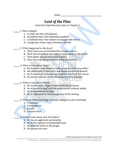 Lord of the Flies: Chapter 1 Quiz: Quick Quiz 